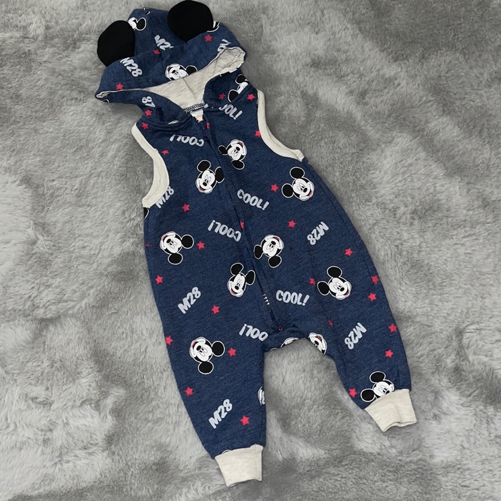 🌈 Disney Mickey Mouse Romper Sz 0/3M Hoodie Ears Overalls Pants